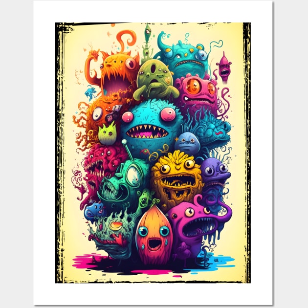 Colorful and Funny Monsters in Neon Watercolor Doodle Art Style Wall Art by ToySenTao